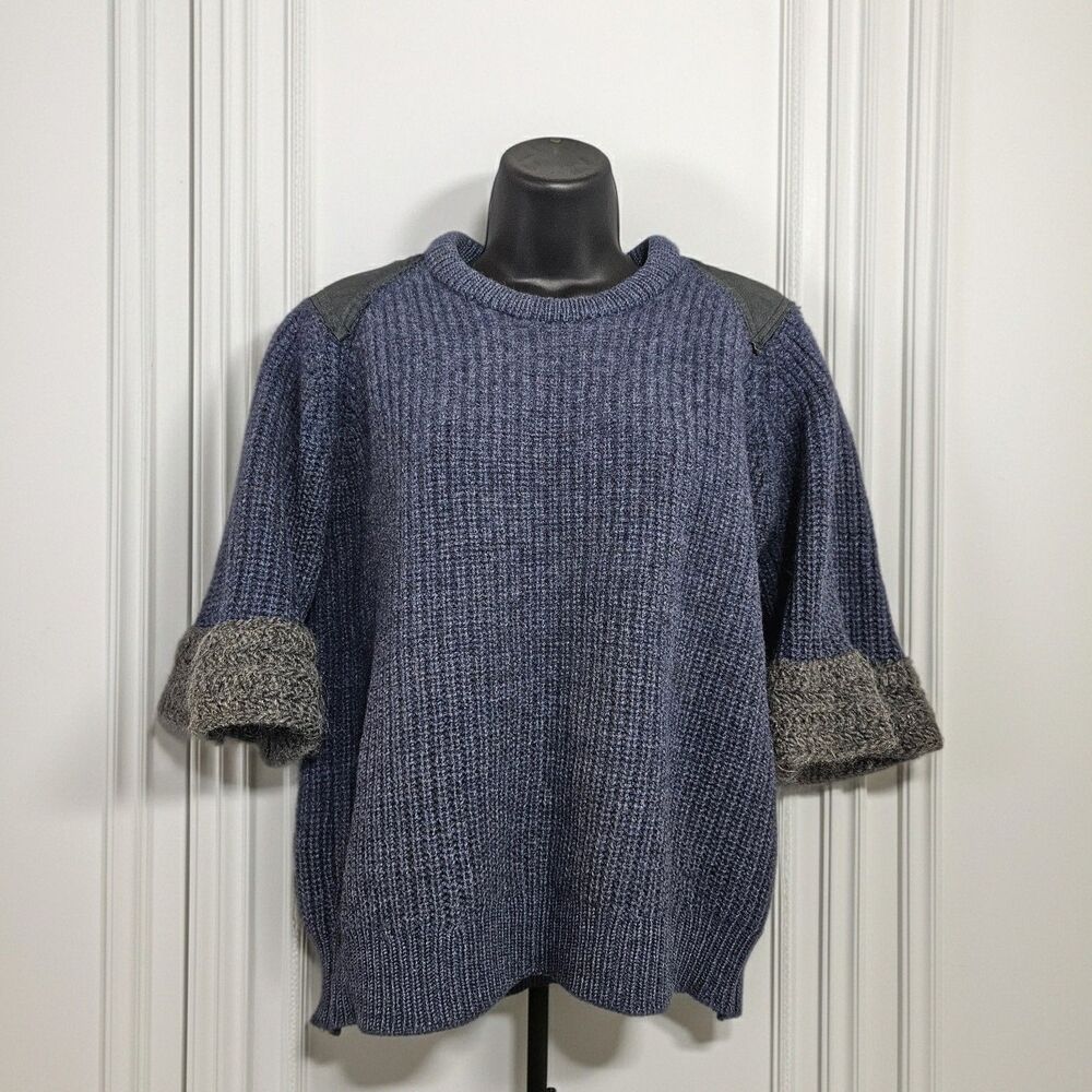 ARAN Sweater Market Chunky Wool Sweater 3/4 Sleeve Leather Shoulder Patches W S